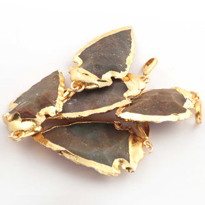 5 Pcs Brown Jasper Arrowhead  24k Gold  Plated  Pendant -  Electroplated With Gold Edge 1.5 Inches - AR058 - Tucson Beads
