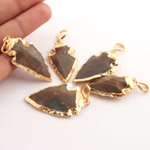 5 Pcs Brown Jasper Arrowhead  24k Gold  Plated  Pendant -  Electroplated With Gold Edge 1.5 Inches - AR058 - Tucson Beads