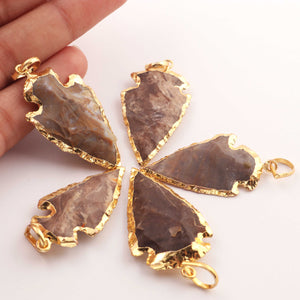 5  Pcs Shaded Brown Jasper Arrowhead  24k Gold  Plated Pendant -  Electroplated With Gold Edge 1.5 Inches - AR093 - Tucson Beads