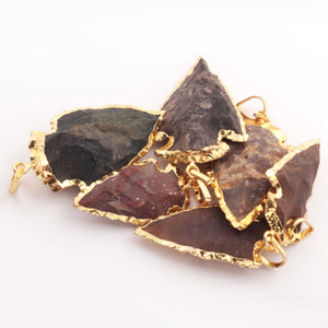 6 Pcs Shaded Brown Jasper Arrowhead  24k Gold  Plated  Pendant -  Electroplated With Gold Edge2 Inches - AR044 - Tucson Beads