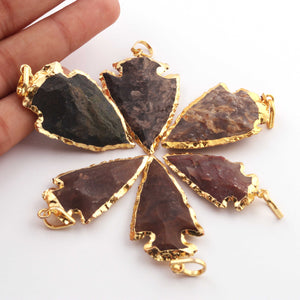 6 Pcs Shaded Brown Jasper Arrowhead  24k Gold  Plated  Pendant -  Electroplated With Gold Edge2 Inches - AR044 - Tucson Beads
