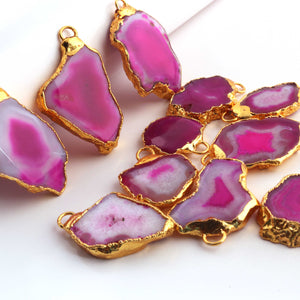 11 Pcs Pink Druzzy Geode Raw Drusy Agate Slice Pendant - Electroplated Gold Druzy Pendant 25mmx18mm-41mmx29mm DRZ347 - Tucson Beads