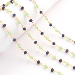 5 Feet Green & Navy Blue Glass Beads 3mm 24k Gold Plated Rosary Beaded Chain- Green & Navy Blue Glass Beads Beaded Chain- BD007 - Tucson Beads