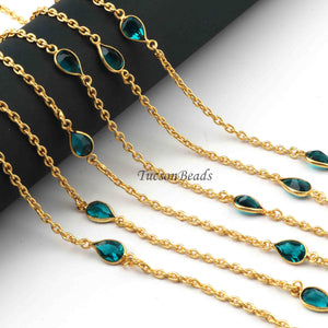 2 Feet Green Hydro Pear Shape Connector Chain -  24k Gold Plated Bezel Continuous Connector Beaded Chain 16mmx7mm SC458 - Tucson Beads