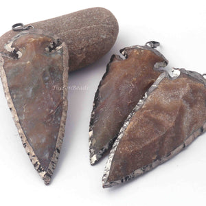 3 Pcs Jasper Arrowhead Oxidized Silver Plated Single Bail Pendant - Electroplated With Silver Edge - 92mmx37mm AR116 - Tucson Beads