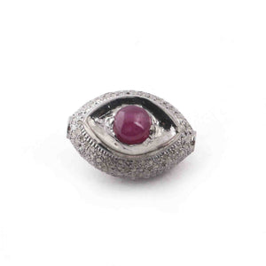 1 Pc Pave Diamond Ruby Evil Eye Bead- Evil Eye Bead-Double Sided Bead -925 Sterling Silver-20mmx14mm PDC1059 - Tucson Beads