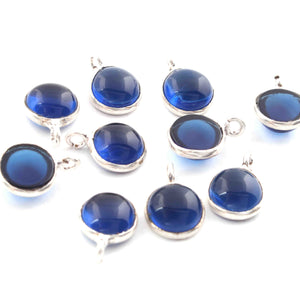 10  Pcs Blue Glass Hydro  925 Silver Plated Faceted - Round Shape Faceted Pendant -10mm-7mm PC918 - Tucson Beads