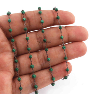 5 Feet Malachite Rondelles Rosary Style Oxidized  Silver plated Beaded Chain- 3mm- Black wire Chain SC378 - Tucson Beads