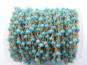 5 Feet Turquoise 3mm-3.5mm 24k gold Plated Rosary Style Beaded Chain - Beads wire wrapped chain BDG029 - Tucson Beads