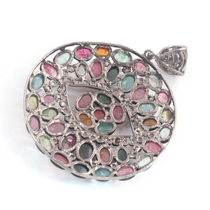 1 Pc Pave Diamond Genuine Multi Tourmaline Pendant - 925 Sterling Silver - Gemstone Necklace Pendant 48mmx46mm PD1834 - Tucson Beads