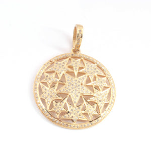 1 PC Pave Diamond Designer Round With Star Pendant - 925 Sterling Silver- Yellow Gold Vermeil Diamond Pendant 30mmx34mm PD1884 - Tucson Beads