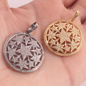 1 PC Pave Diamond Designer Round With Star Pendant - 925 Sterling Silver- Yellow Gold Vermeil Diamond Pendant 30mmx34mm PD1884 - Tucson Beads