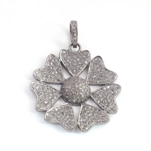 1 Pc Antique Finish Pave Diamond Heart Flower Pendant - 925 Sterling Silver- Necklace Pendant 37mmx34mm PD1528 - Tucson Beads