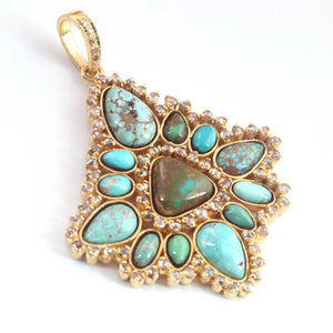 1 Pc Antique Finish Double Cut Diamond With Turquoise Designer Pendant - Yellow Gold - Necklace Pendant 46mmx41mm PD1716 - Tucson Beads