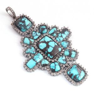 1 Pc Antique Finish Double Cut Diamond With Turquoise Designer Pendant - 925 Sterling Silver - Necklace Pendant 79mmx51mm PD1712 - Tucson Beads