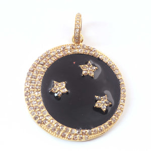 1 PC Antique Finish Pave Diamond Designer Round With Star Bakelite Pendant - Yellow Gold - Diamond Pendant 39mmx35mm PD1730 - Tucson Beads
