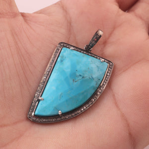 1 Pc Antique Finish Pave Diamond With Turquoise Horn Shape Pendant - 925 Sterling Silver - Necklace Pendant 42mmx26mm PD1862 - Tucson Beads