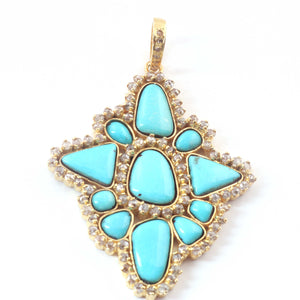 1 Pc Antique Finish Double Cut Diamond With Turquoise Designer Pendant - Yellow Gold - Necklace Pendant 49mmx39mm PD1713 - Tucson Beads