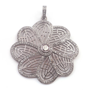 1 Pc Antique Finish Pave Diamond Designer Flower Center in Rose Cut Pendant - 925 Sterling Silver- Necklace Pendant 55mmx50mm PD1363 - Tucson Beads