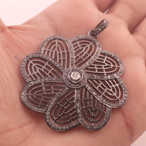 1 Pc Antique Finish Pave Diamond Designer Flower Center in Rose Cut Pendant - 925 Sterling Silver- Necklace Pendant 55mmx50mm PD1363 - Tucson Beads