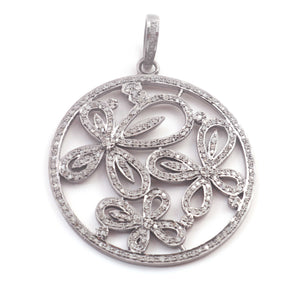 1 Pc Pave Diamond Round Designer Flower Pendant -925 Sterling Silver -Necklace Pendant 38mmx34mm PD1247 - Tucson Beads