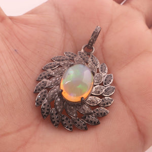 1 Pc Antique Finish Pave Diamond & Black Spinel Center In Ethiopian Opal Pendant - 925 Sterling Silver - Diamond Necklace Pendant 39mmx31mm PD1290 - Tucson Beads