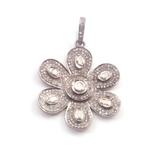 1 Pc Antique Finish Pave Diamond With Rosecut Diamond Flower Pendant Over 925 Sterling Silver & Vermeil - Polki Flower Pendant 38mmx34mm PD746 - Tucson Beads