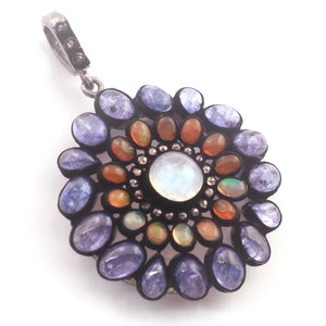 14gm 1 Pc Pave Diamond Genuine Tanzanite & Opal Center In Moonstone Pendant -925 Sterling Silver - Gemstone Necklace Pendant 42mmx36mm PD1278 - Tucson Beads