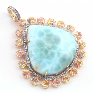 1 Pc Antique Finish Pave Diamond Larimar With Multi Sapphire Pendant - Yellow Gold Vermeil - Necklace Pendant 48mmx43mm PD1200 - Tucson Beads