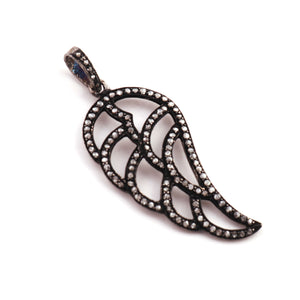 1 Pc Antique Finish Pave Diamond Feather Pendant - 925 Sterling Silver-Diamond Wing Pendant- Necklace Pendant 43mmx20mm PD1722 - Tucson Beads