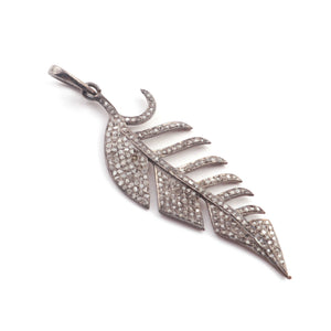 1 Pc Antique Finish Pave Diamond Feather Pendant - 925 Sterling Silver-Diamond Pendant- Necklace Pendant 50mmx18mm PD1759 - Tucson Beads