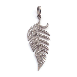 1 Pc Antique Finish Pave Diamond Feather Pendant - 925 Sterling Silver-Diamond Pendant- Necklace Pendant 50mmx18mm PD1759 - Tucson Beads