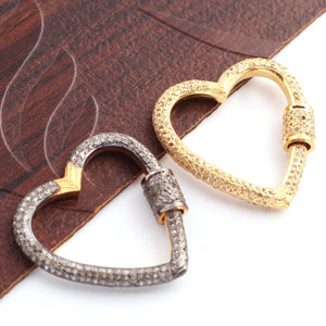 1 Pc Pave Diamond Heart 925 Sterling Vermeil & Yellow Gold Vermeil Carabiner - Diamond Lock with Screw On Mechanism 29mm PDC00453 - Tucson Beads
