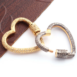 1 Pc Pave Diamond Heart 925 Sterling Vermeil & Yellow Gold Vermeil Carabiner - Diamond Lock with Screw On Mechanism 29mm PDC00453 - Tucson Beads