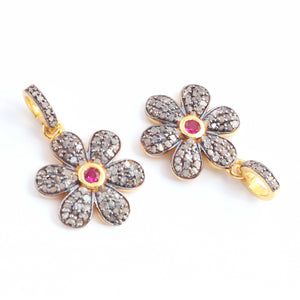 1 Pc Pave Diamond Flower, Center with Pink Hydro Stone Charm Pendant, 925 Sterling  Vermeil Flower Pendant Pave Diamond Jewelry 21mmx18mm PDC000450 - Tucson Beads
