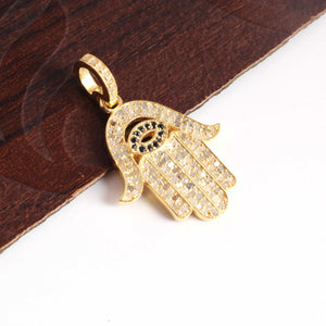 1 Pc Pave Diamond Pendant, Hamsa  With Black Spinel Evil Eye Charm Pendant, 925 Sterling Silver,,Yellow Gold Vermeil , 25mmX11mm  PDC0367 - Tucson Beads