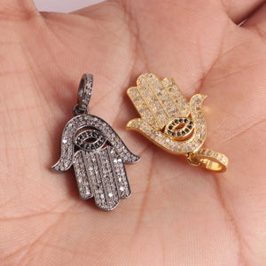 1 Pc Pave Diamond Pendant, Hamsa  With Black Spinel Evil Eye Charm Pendant, 925 Sterling Silver,,Yellow Gold Vermeil , 25mmX11mm  PDC0367 - Tucson Beads