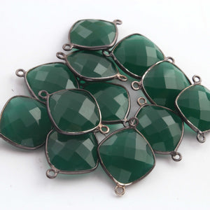 12 Pcs Green Onyx Oxidized Sterling Silver Faceted Cushion Shape Double Bail Connector - 22mmx16mm SS169 - Tucson Beads