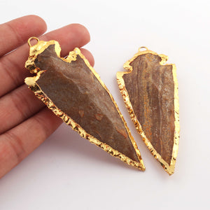 2 Pcs Shaded Brown Jasper Arrowhead  24k Gold Plated  Pendant -  Electroplated With Gold Edge 3-3.5 Inches AR215 - Tucson Beads