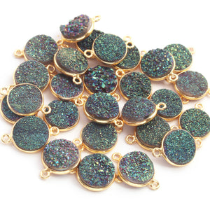 9 Pcs Mystic Green Druzy Round 925 Sterling Vermeil Double Bail Connector 19mm-12mm SS198 - Tucson Beads