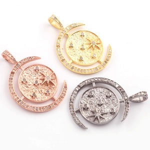 1 Pc Pave Diamond Star With Moon 925 Sterling Silver & Vermeil, Yellow & Rose Gold Vermeil Pendant - Moon Charm Pendant 34mmx26mm PDC00477 - Tucson Beads