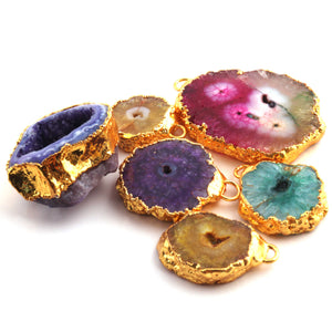8 Pcs Multi Agate Druzzy  Geode Raw Drusy Agate Slice Pendant -Electroplated Gold Druzy Pendant  DRZ089 - Tucson Beads