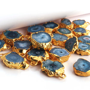 22 Pcs Blue Druzzy Geode Raw Drusy Agate Slice Pendant - Electroplated Gold Druzy Pendant  16mx10mm-24mmx13mm ,DRZ190 - Tucson Beads