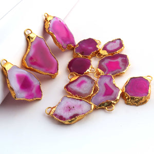 11 Pcs Pink Druzzy Geode Raw Drusy Agate Slice Pendant - Electroplated Gold Druzy Pendant 25mmx18mm-41mmx29mm DRZ347 - Tucson Beads