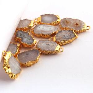 10 Pcs White Druzzy Geode Raw Drusy Agate Slice Pendant - Electroplated Gold Druzy Pendant 23mmx13mm-28mmx15mm ,DRZ248 - Tucson Beads