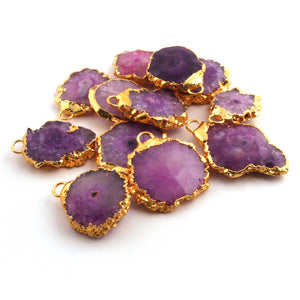 13 Pcs Purple  Druzzy 24k Gold Plated  Agate Slice Pendant - Electroplated Gold Druzy -25mmx18mm -31mmx25mm DRZ259 - Tucson Beads
