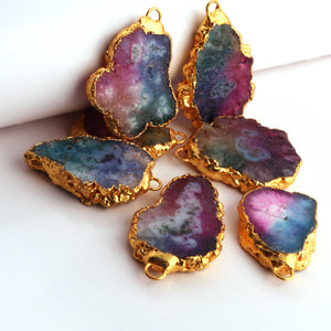 7 Pcs Multi Agate Druzzy  Geode Raw Drusy Agate Slice Pendant -Electroplated Gold Druzy Pendant DRZ091 - Tucson Beads