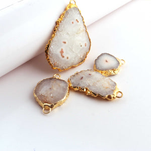 4 Pcs White Druzzy Geode Raw Drusy Agate Slice Pendant - Electroplated Gold Druzy Pendant 25mmx21mm-56mmx34mm DRZ426 - Tucson Beads
