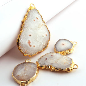 4 Pcs White Druzzy Geode Raw Drusy Agate Slice Pendant - Electroplated Gold Druzy Pendant 25mmx21mm-56mmx34mm DRZ426 - Tucson Beads