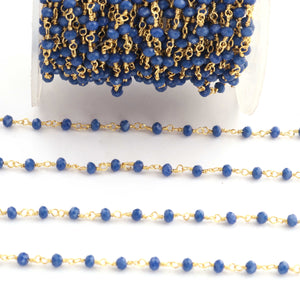 3 Feet Blue Glass Beads 3mm Faceted Rosary Beaded chain- 24 K Gold Plated Wire Wrapped Chain NSC009 - Tucson Beads